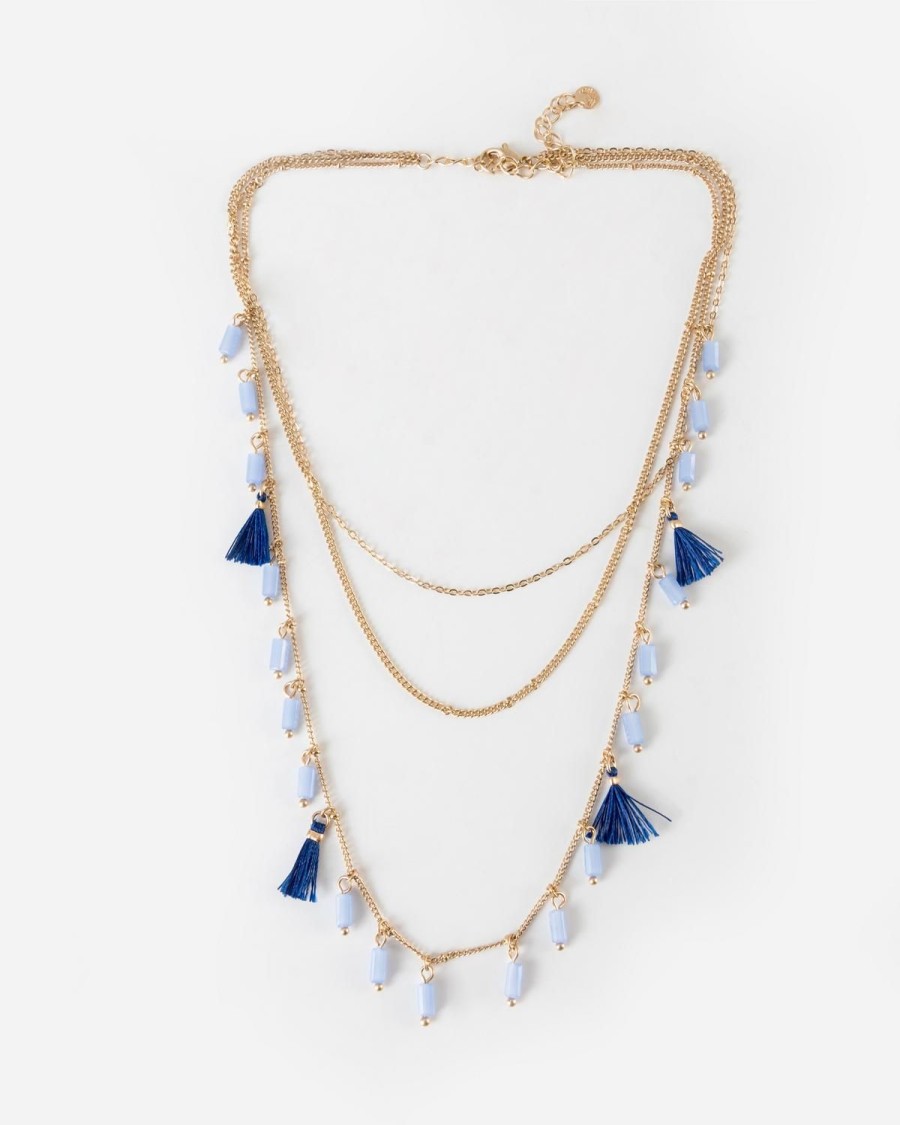 Old Khaki Jewellery | Women'S Tassel & Bead Multichain Necklace Blue