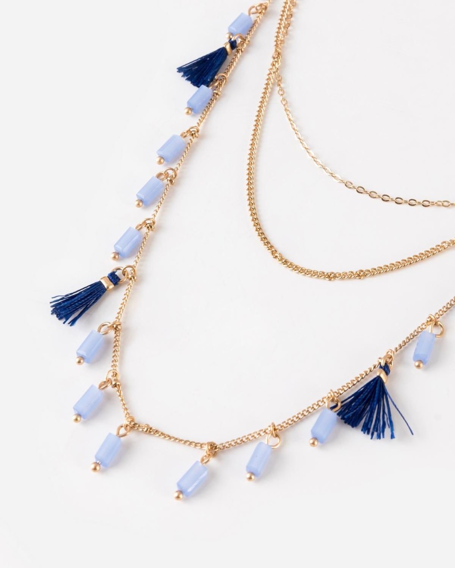 Old Khaki Jewellery | Women'S Tassel & Bead Multichain Necklace Blue