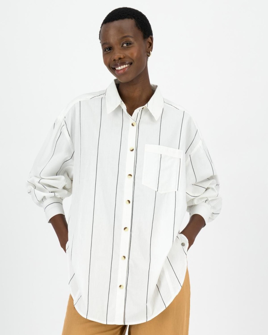 Old Khaki Shirts & Blouses | Women'S Relaxed Fit Stripe Shirt White