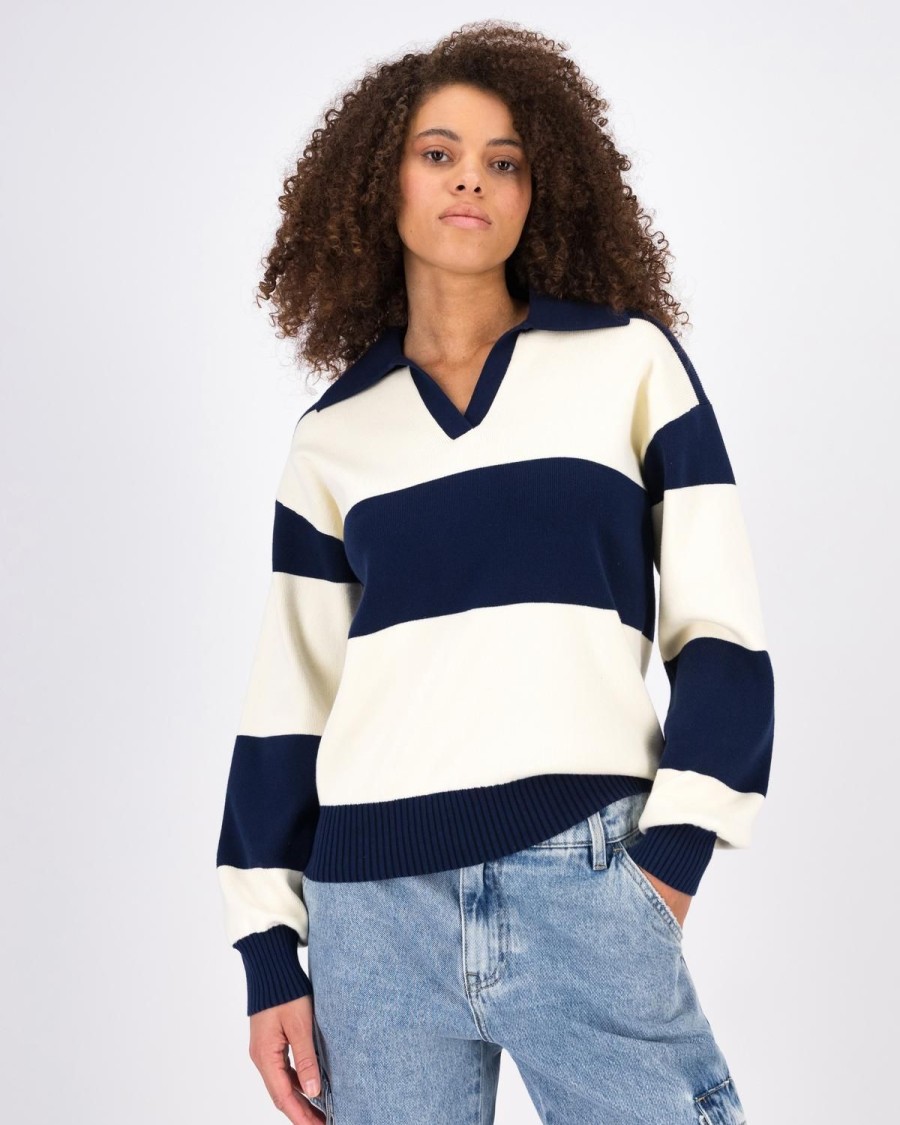 Old Khaki Knitwear & Sweats | Women'S Marie Stripe Golfer Navy