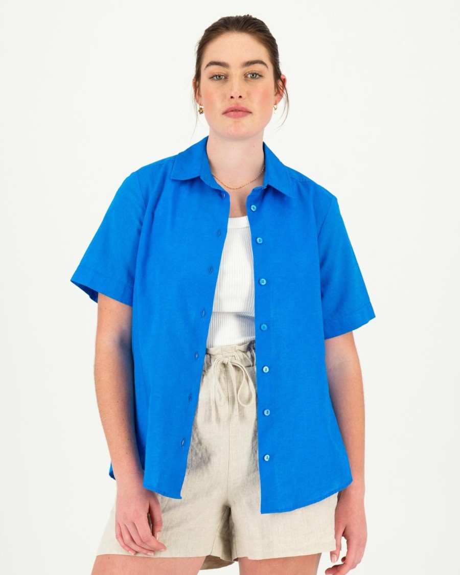 Old Khaki Shirts & Blouses | Women'S Alba Linen Blend Shirt Cobalt