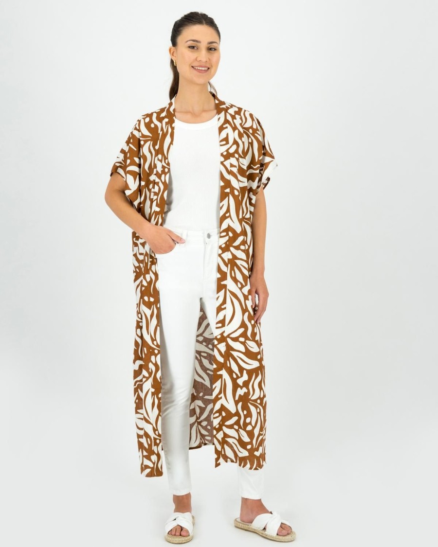 Old Khaki Scarves & Kimonos | Women'S Hattie Abstract Leaf Print Kimono Tan