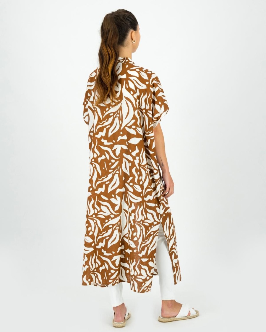 Old Khaki Scarves & Kimonos | Women'S Hattie Abstract Leaf Print Kimono Tan