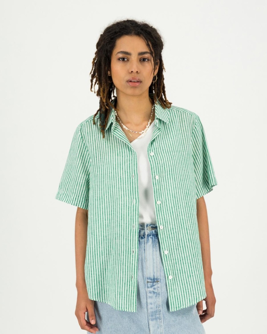 Old Khaki Shirts & Blouses | Women'S Alba Linen Stripe Shirt Green