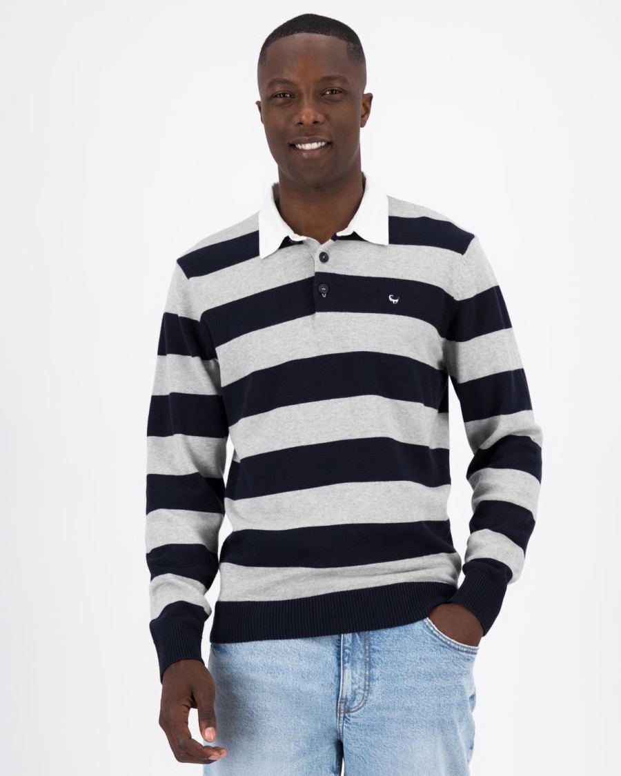 Old Khaki Sweats | Men'S Cale Striped Rugby Sweat Navy