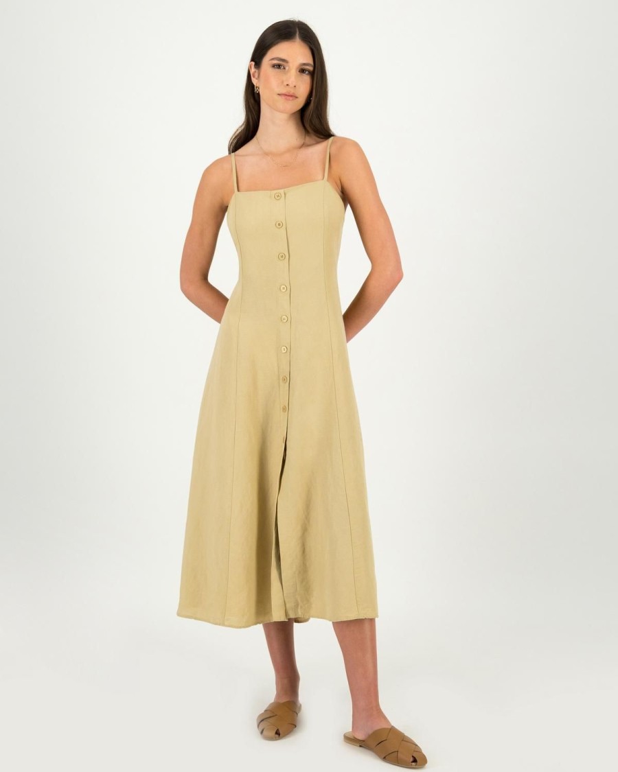 Old Khaki Dresses & Jumpsuits | Women'S Justine Linen Strappy Dress Stone