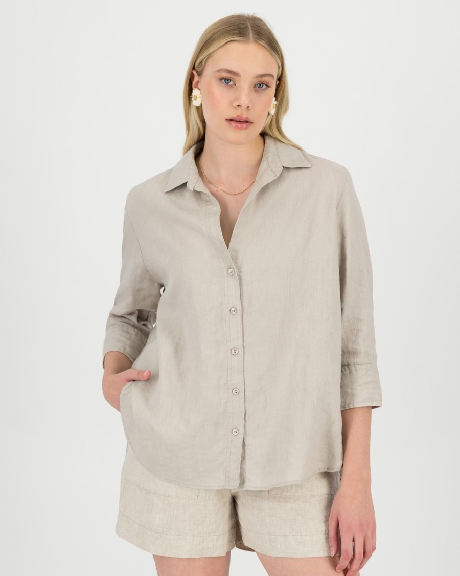 Old Khaki Shirts & Blouses | Women'S Maya Linen Shirt Stone